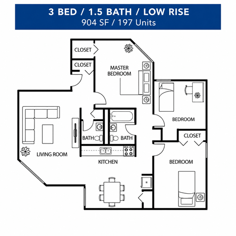 Floor plan for 3 beds, 1.5 baths, 904 sqft